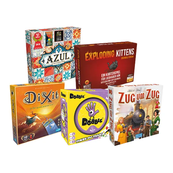 Auswahl beliebter Asmodee-Brettspiele wie Azul, Dixit und Exploding Kittens hinter Türchen 17.