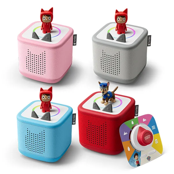 Vier bunte Tonieboxen mit Figuren als Adventskalender-Gewinn hinter Türchen 23.