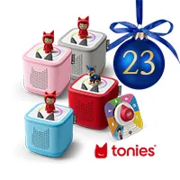 Vier bunte Tonieboxen mit Figuren als Adventskalender-Gewinn hinter Türchen 23.
